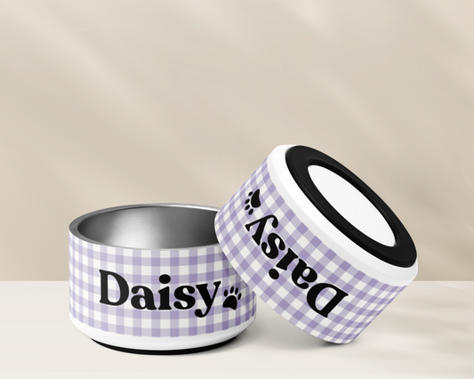 Personalised Dog Bowl - Stainless Steel Food and Water Bowl Gingham Lilac