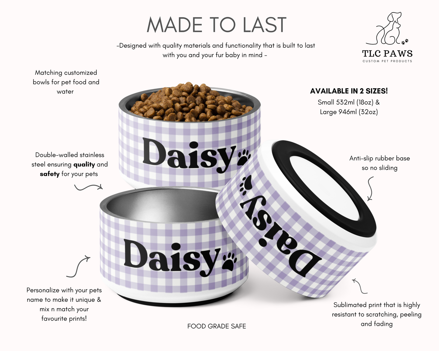 Personalised Dog Bowl - Stainless Steel Food and Water Bowl Gingham Lilac