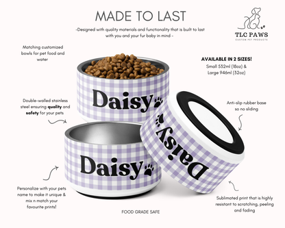 Personalised Dog Bowl - Stainless Steel Food and Water Bowl Gingham Lilac