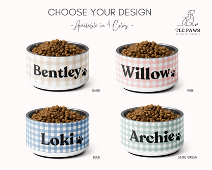 Personalized Dog Bowl and Cat Feeder - Gingham Pink - TLC Paws