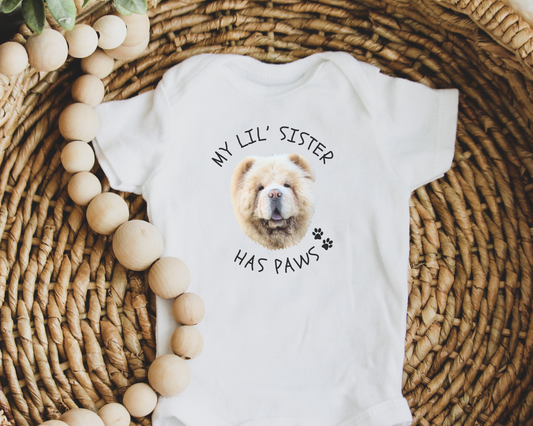 Personalised Baby Onesie - My Little Sister Has Paws with Custom Pet Face