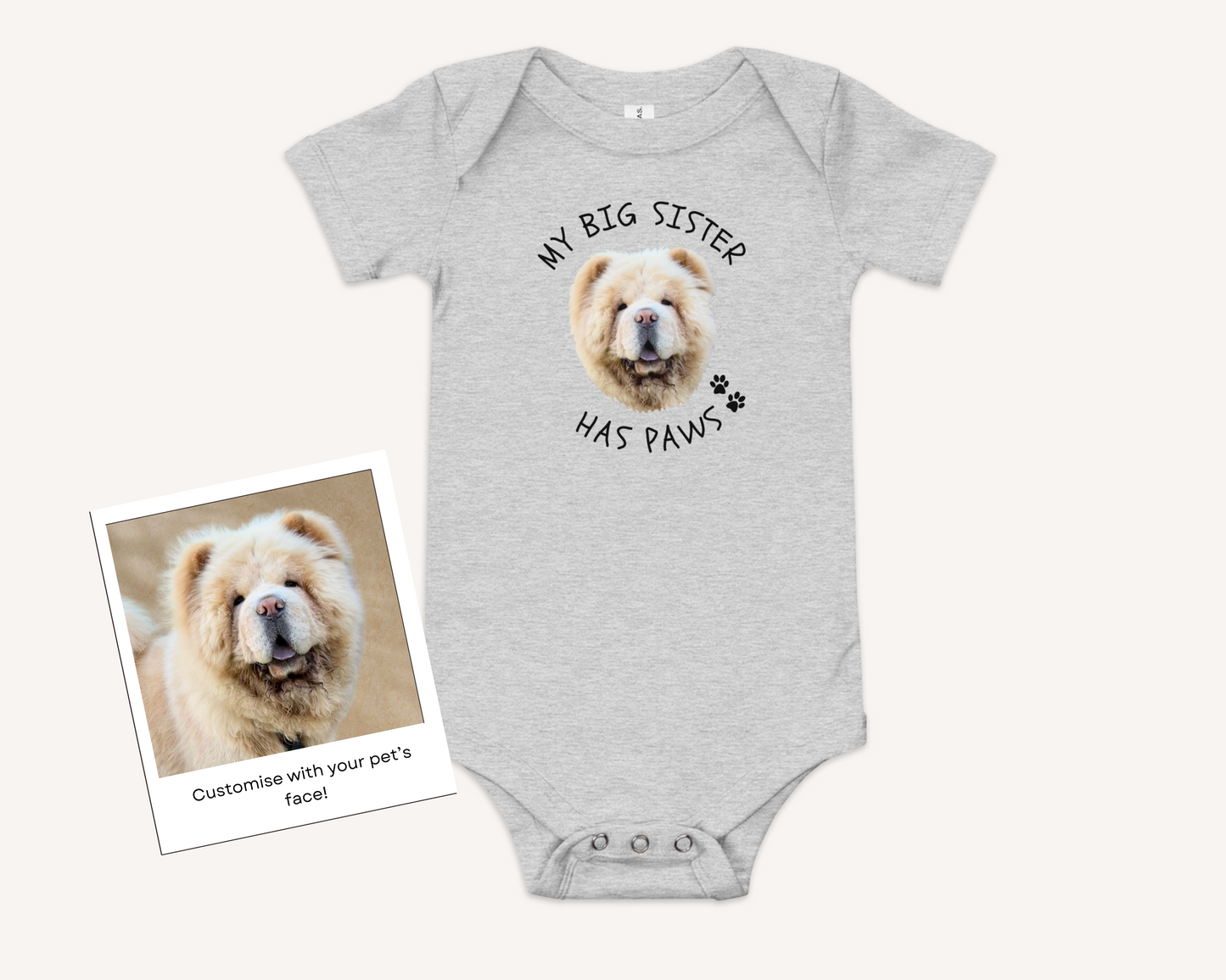 Personalised Baby Onesie - My Big Sister Has Paws with Custom Pet Face