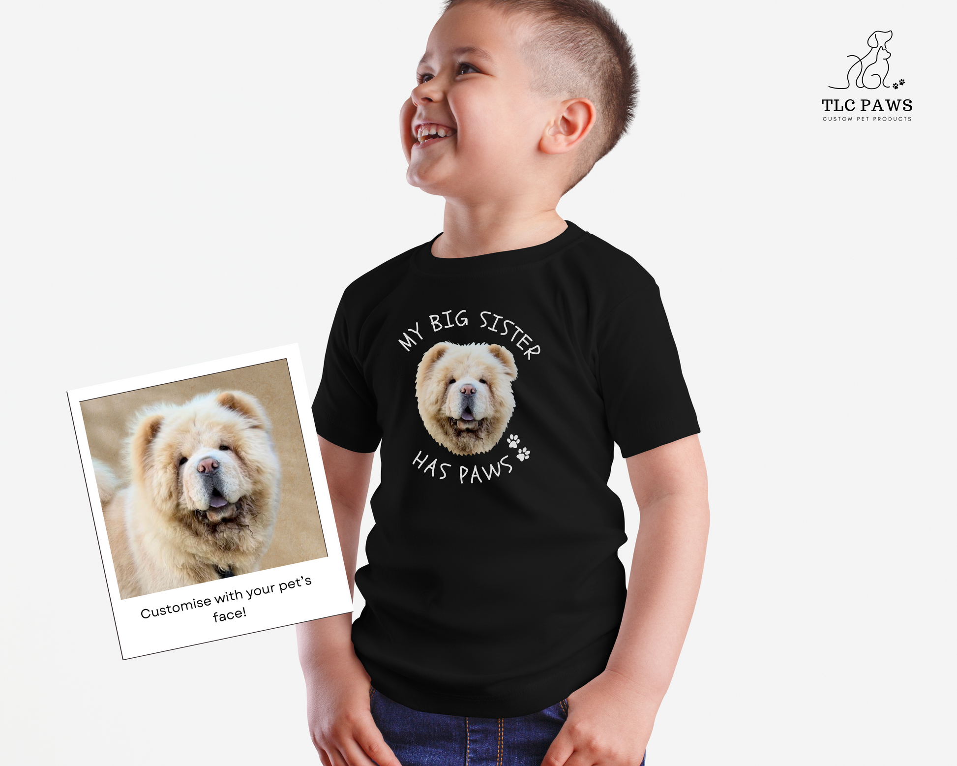 Personalised Kids Tshirt - My Big Sister Has Paws with Custom Pet Face