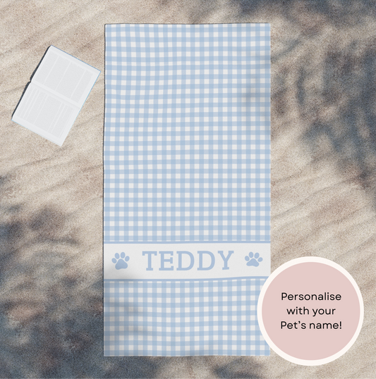 Custom gingham beach towel with personalised name, soft and highly absorbent beach towel for dog mums and pet lovers, custom pet name towel in classic checked design styled for beach day.