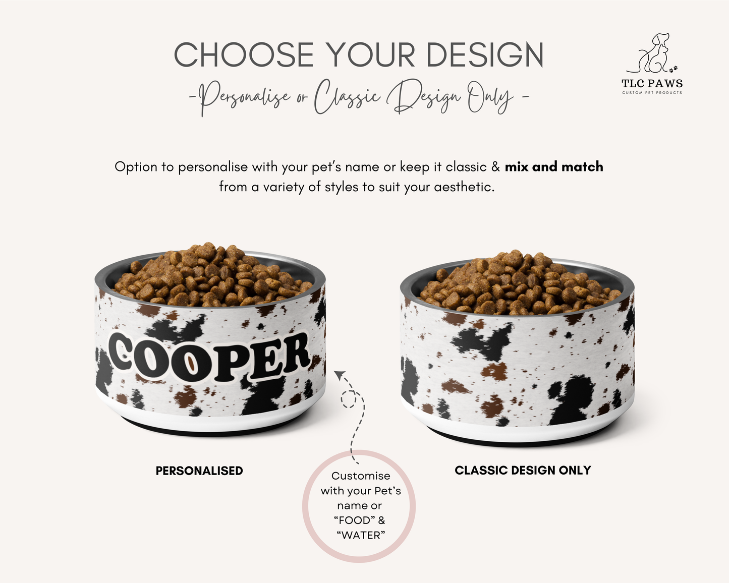 Personalised Dog Bowl - Cowhide Stainless Steel Food and Water Bowl - TLC Paws