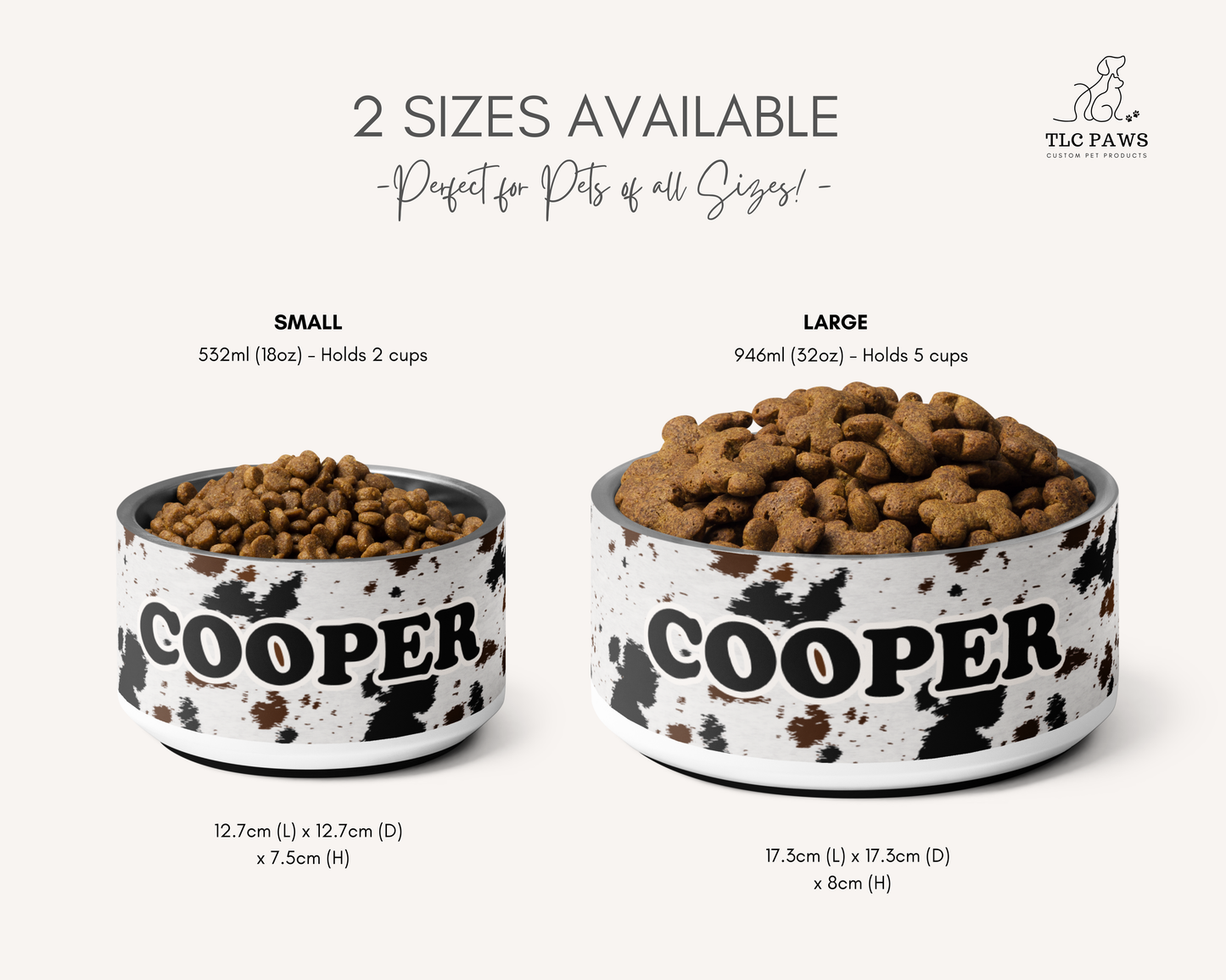Personalised Dog Bowl - Cowhide Stainless Steel Food and Water Bowl - TLC Paws