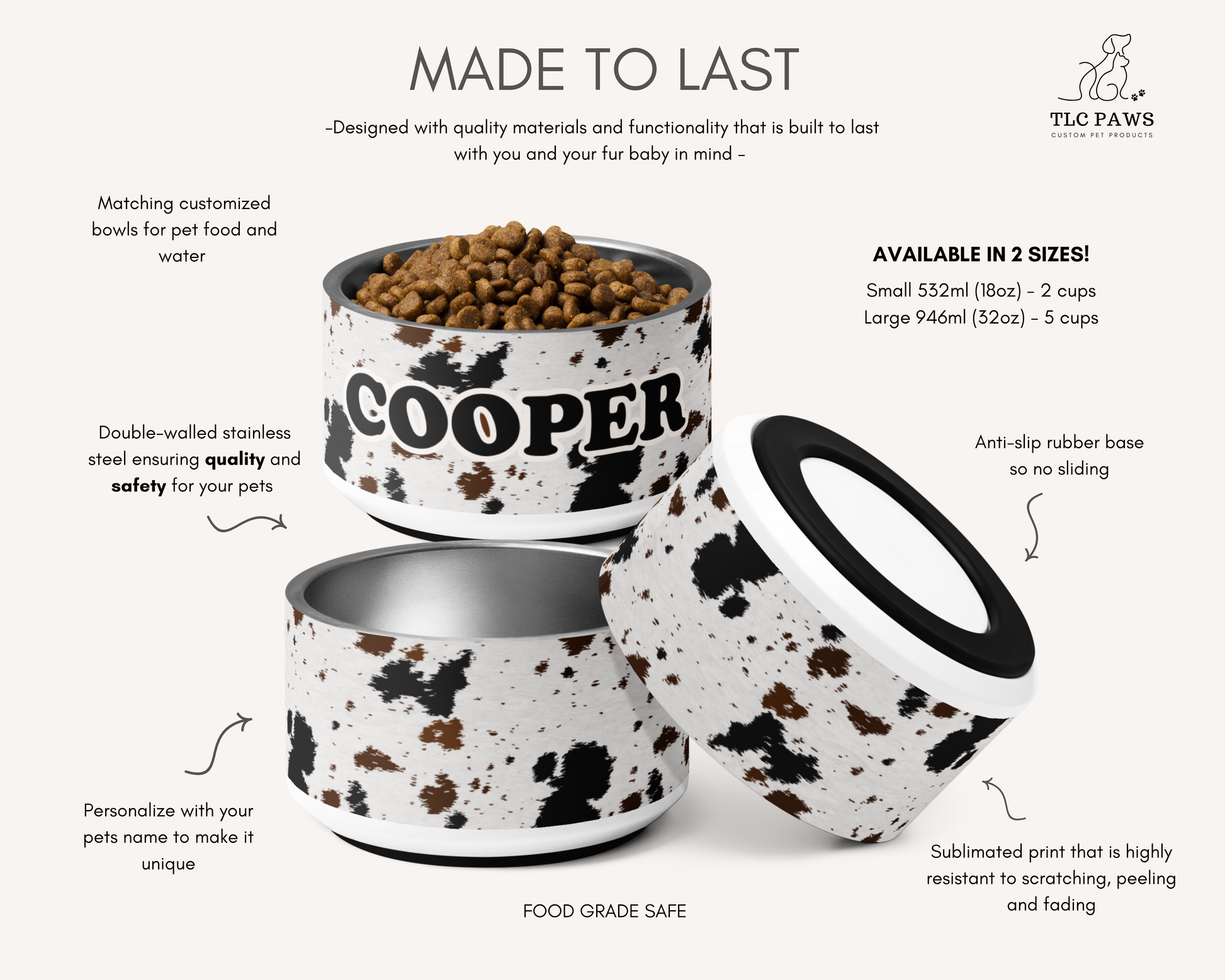 Personalised Dog Bowl - Cowhide Stainless Steel Food and Water Bowl - TLC Paws