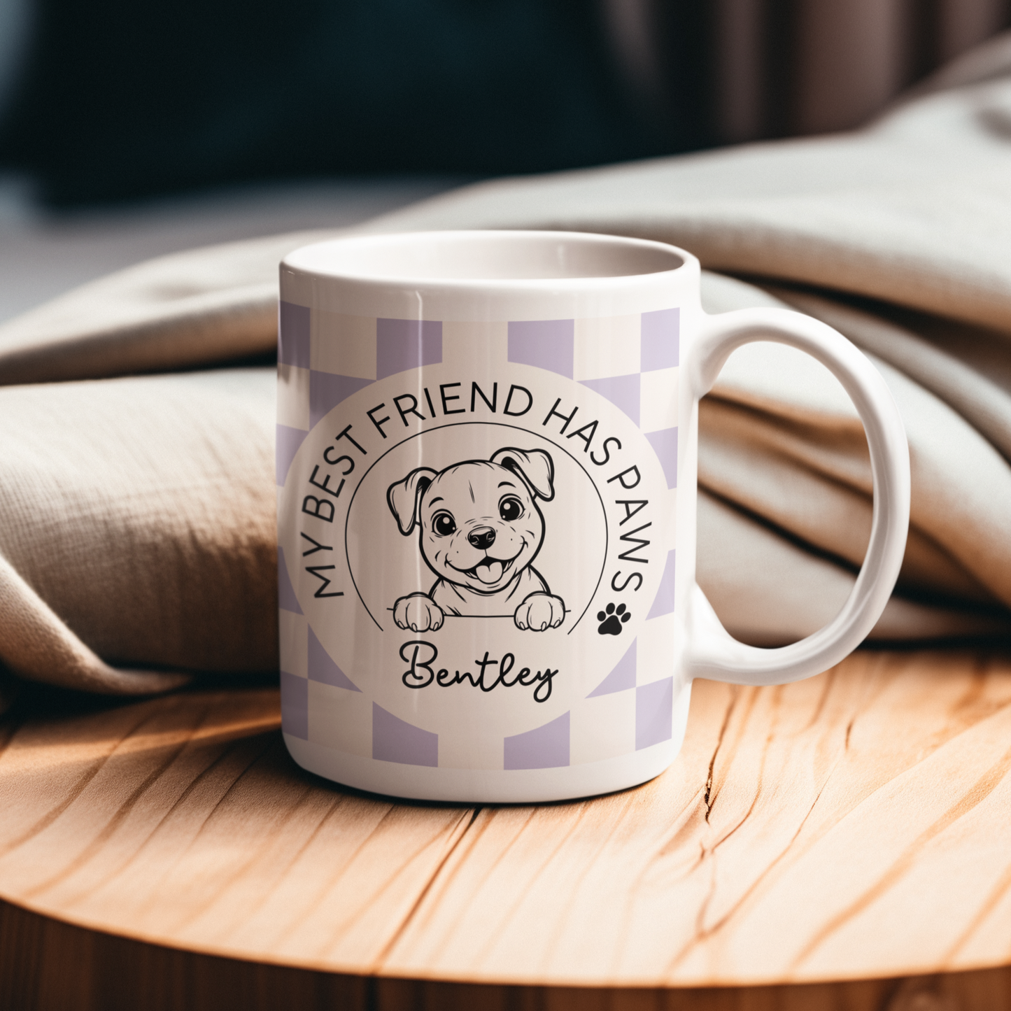 Personalised Staffy Dog Mug - Staffordshire Bull Terrier Best Friend Checkered Lilac - TLC Paws