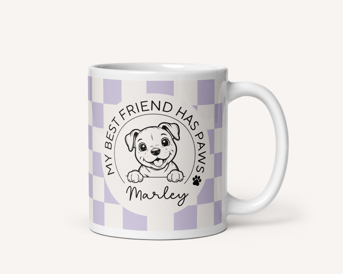 Personalised Staffy Dog Mug - Staffordshire Bull Terrier Best Friend Checkered Lilac - TLC Paws