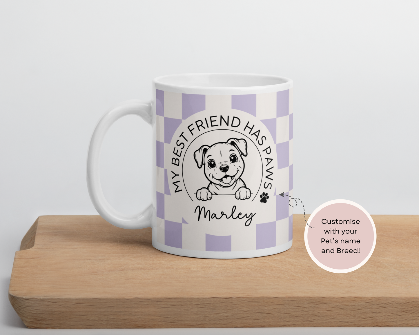 Personalised Staffy Dog Mug - Staffordshire Bull Terrier Best Friend Checkered Lilac - TLC Paws