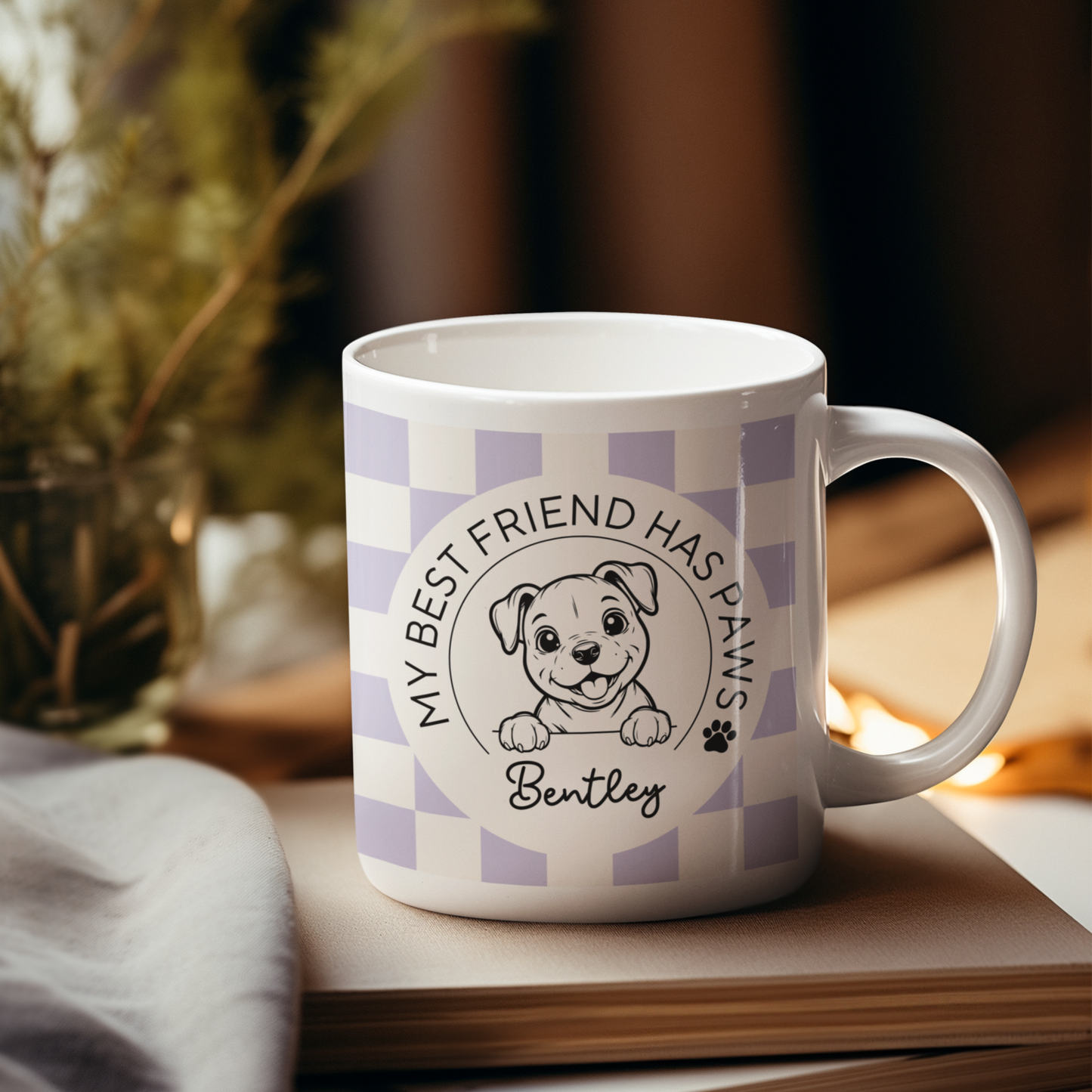 Personalised Staffy Dog Mug - Staffordshire Bull Terrier Best Friend Checkered Lilac - TLC Paws