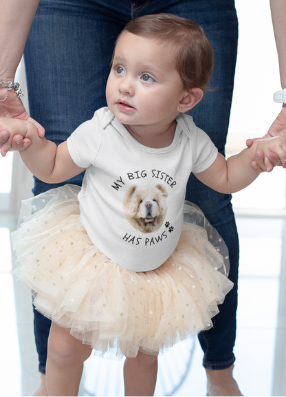 Personalised Baby Onesie - 'My Big Sister Has Paws' with Custom Pet Face
