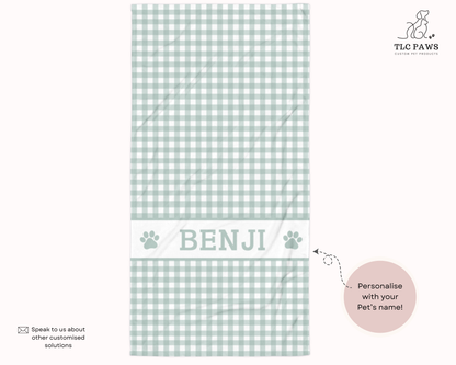 Custom Pet gingham beach towel personalised with name, soft highly absorbent beach towel for dog mums, matching pet lover towel perfect for beach days and rainy walkies.