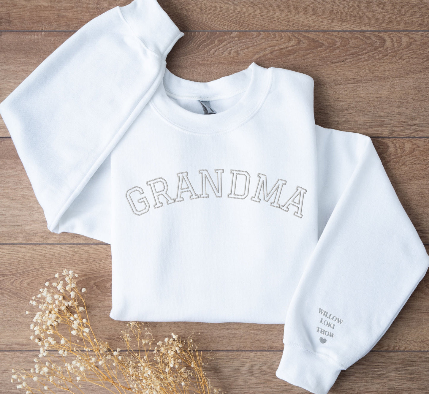 Custom Embroidered Grandma Sweatshirt with Personalised Pet & Baby Names on Sleeve - TLC Paws