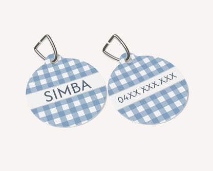 Gingham Personalized Pet Dog or Cat ID Tag - Blue - TLC Paws