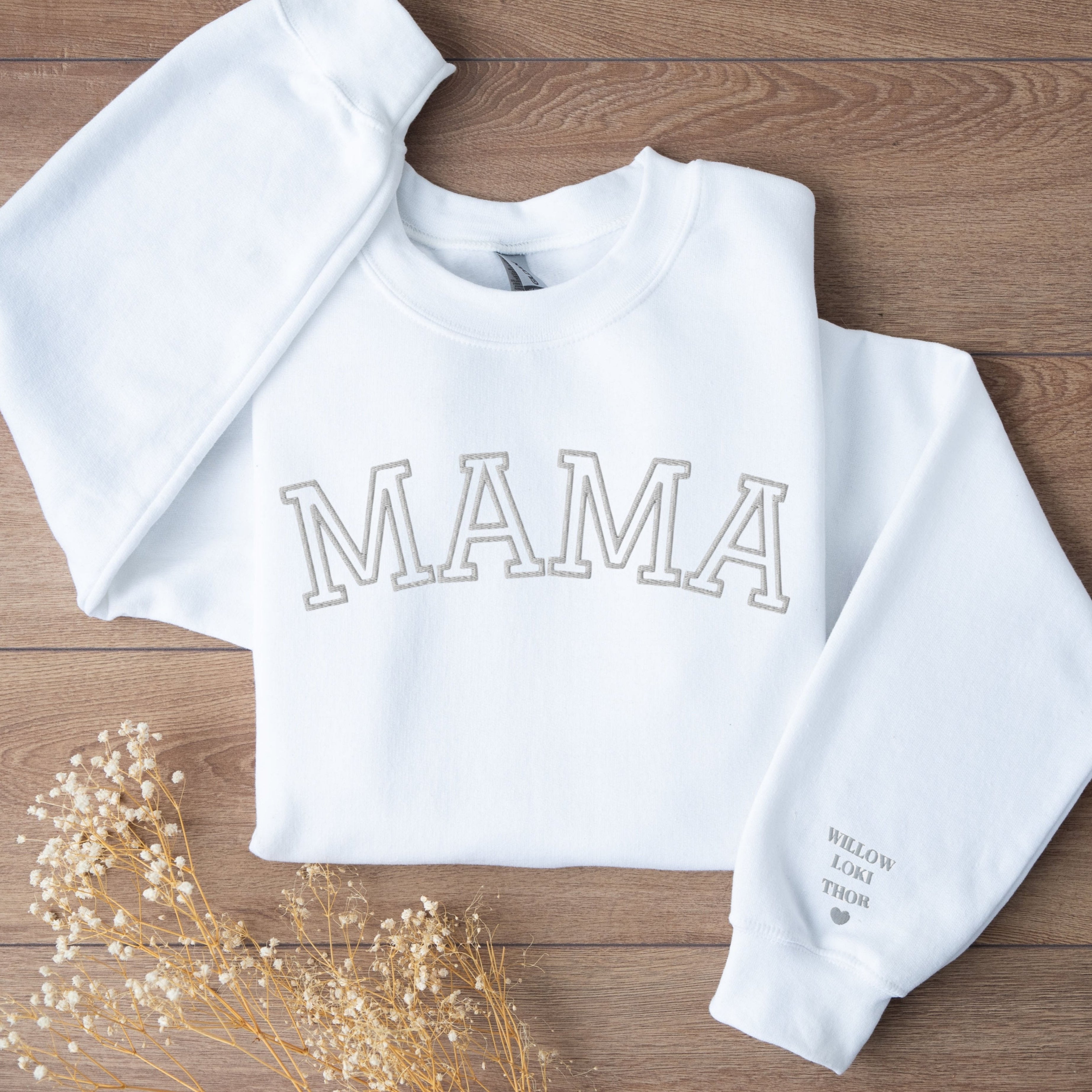 Mama Embroidered Sweatshirt with Personalised Names on Sleeve