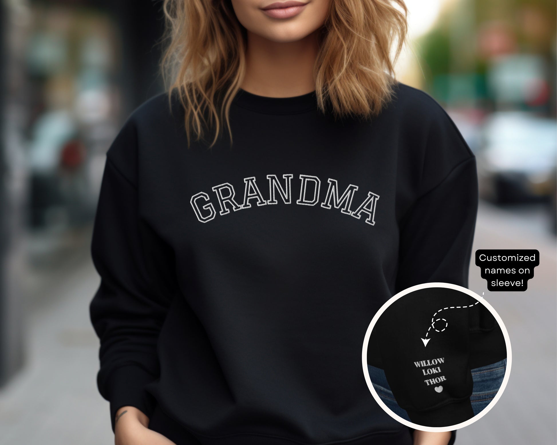 Custom Embroidered Grandma Sweatshirt with Personalised Pet & Baby Names on Sleeve - TLC Paws