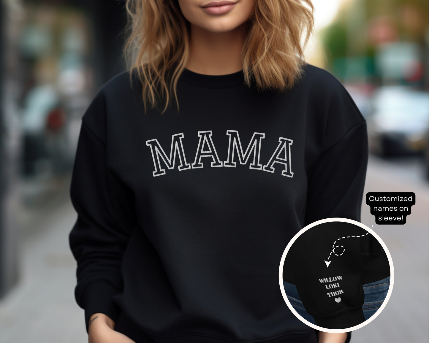 Custom Embroidered Mama Sweatshirt with Personalized Pet & Baby Names on Sleeve - TLC Paws