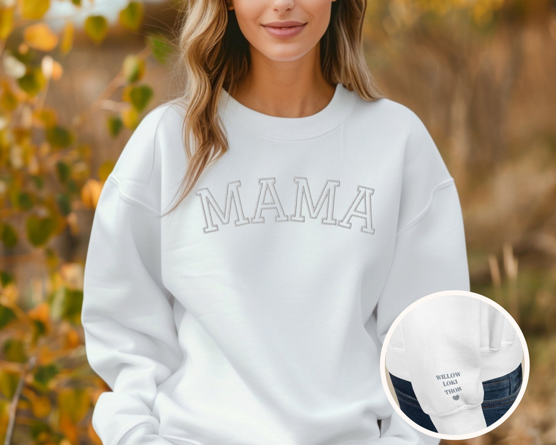 Custom Embroidered Mama Sweatshirt with Personalized Pet & Baby Names on Sleeve - TLC Paws