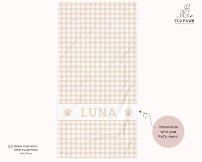 Pet Lover custom gingham beach towel personalised with pet name, soft highly absorbent beach towel for dog mums, matching pet lover towel perfect for beach days and rainy walkies.