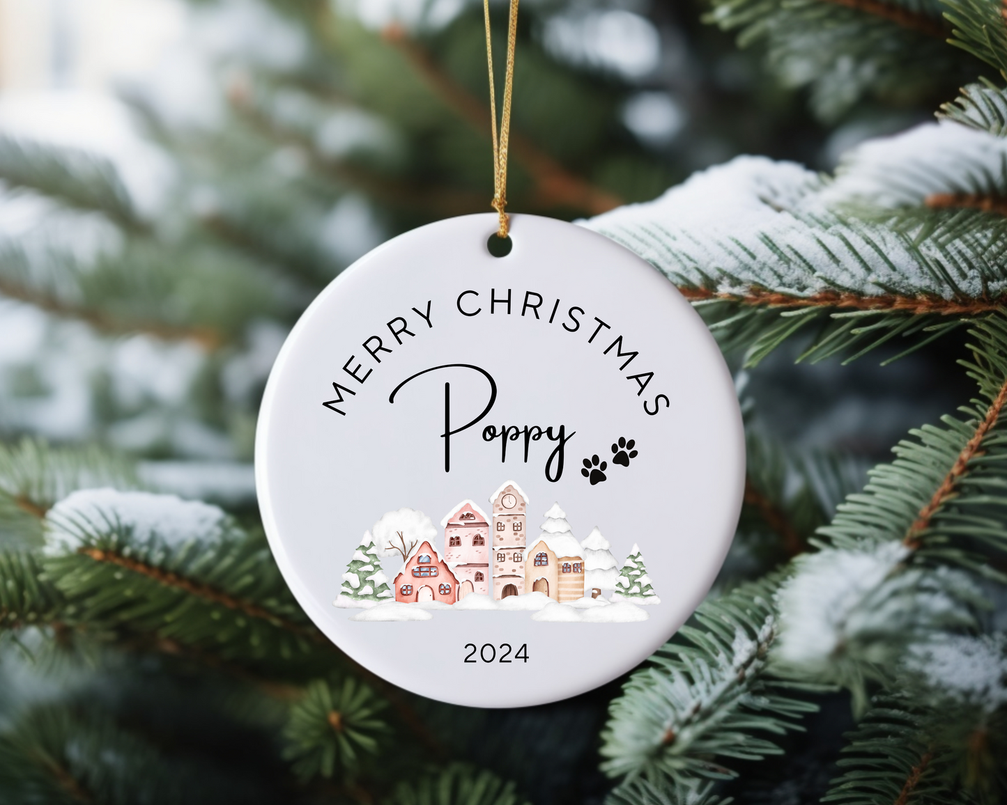 Personalised Ornament Christmas Village - Pink Heart - TLC Paws