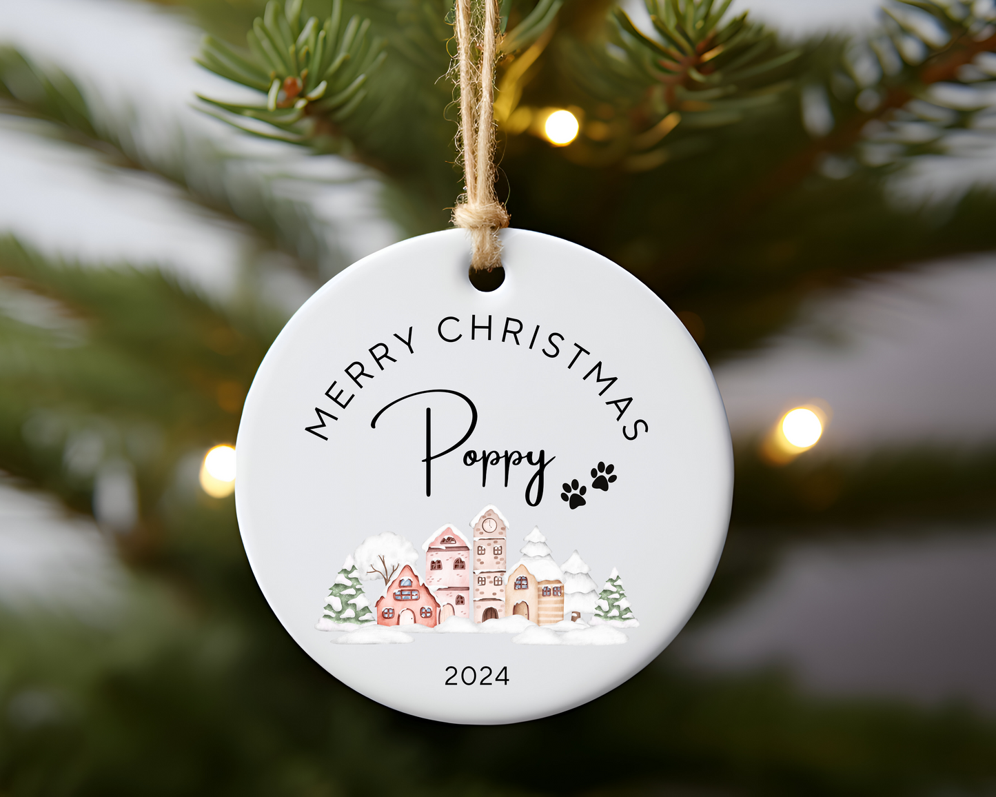 Personalised Ornament Christmas Village - Pink Heart - TLC Paws