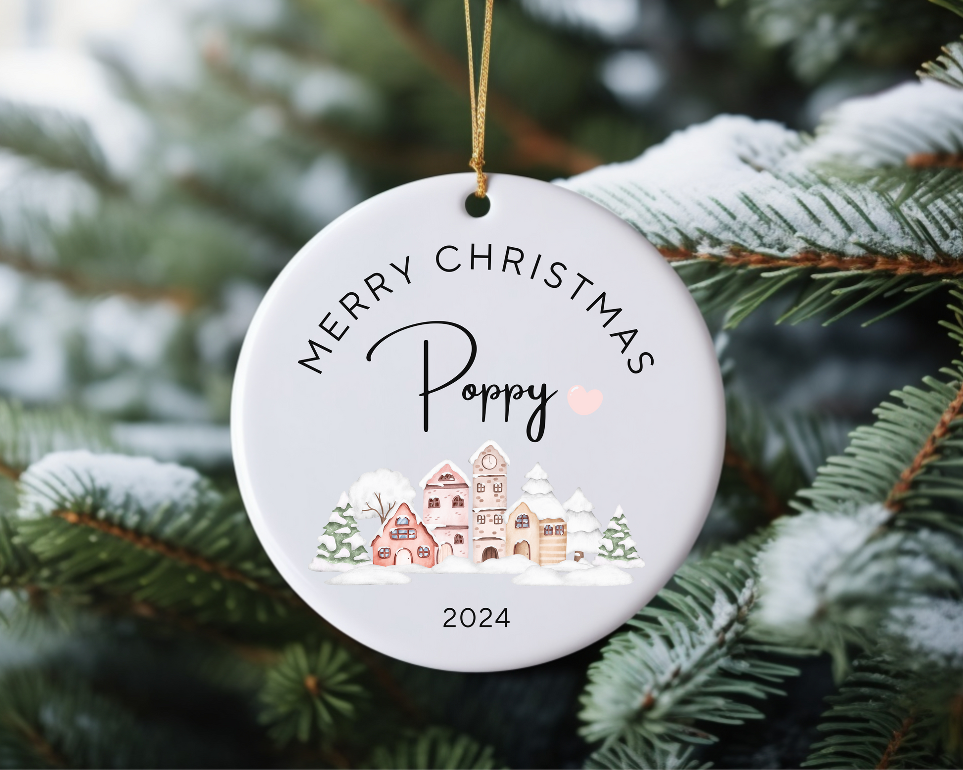 Personalised Ornament Christmas Village - Pink Heart - TLC Paws