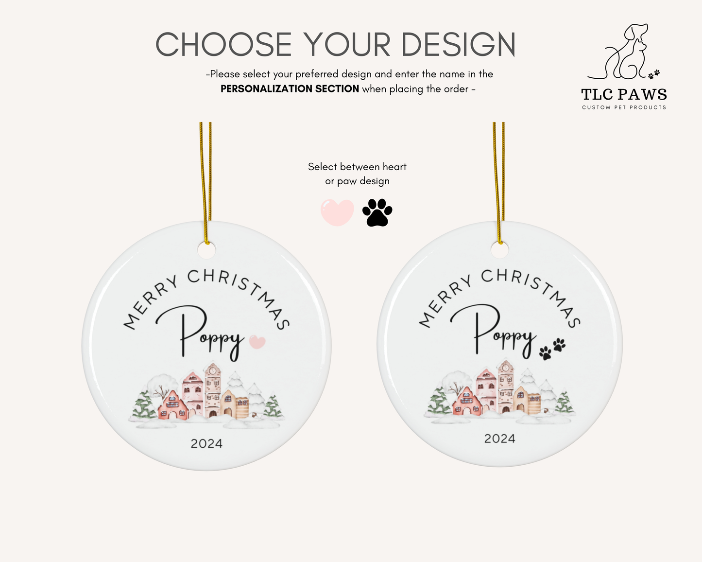 Personalised Ornament Christmas Village - Pink Heart - TLC Paws