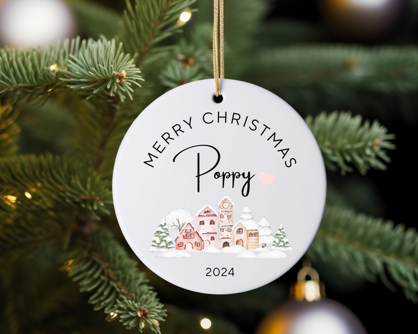 Personalised Ornament Christmas Village - Pink Heart - TLC Paws