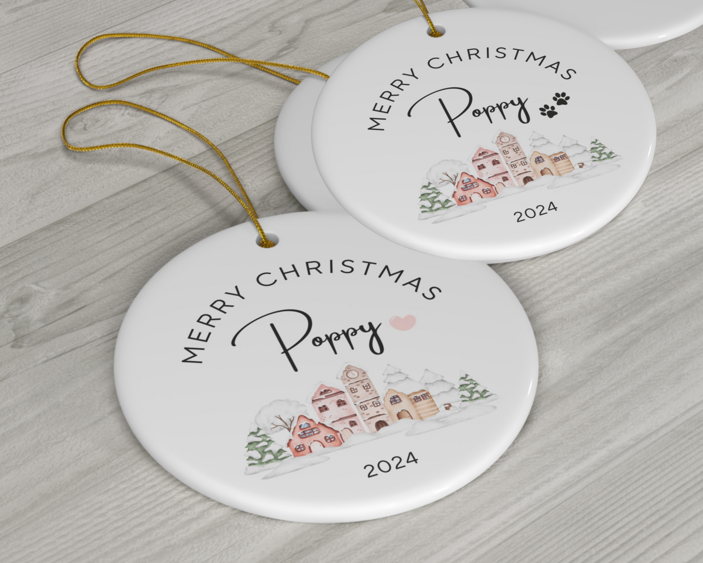 Personalised Ornament Christmas Village - Pink Heart - TLC Paws