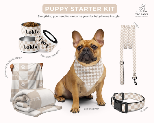 Puppy Starter Kit Dog Essentials CHECKERED sand TLC PAWS