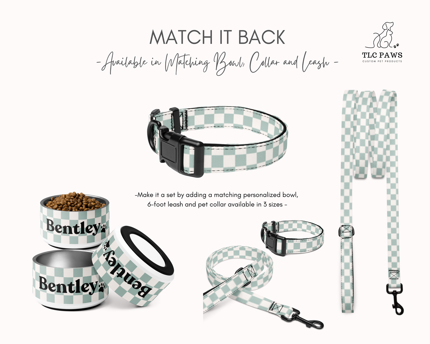 Dog Collar and Leash Set - Checkered Sage - TLC Paws