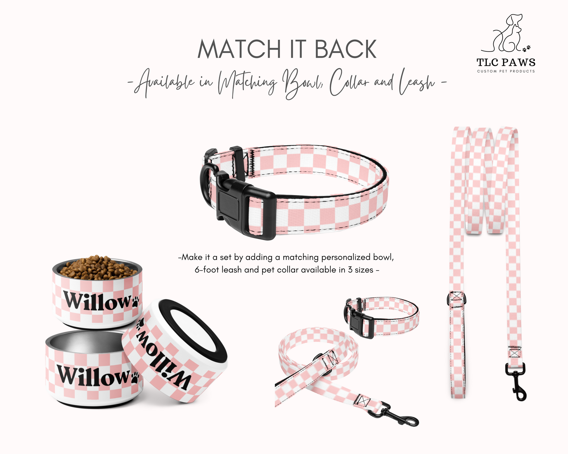 Pet Collar and Leash Set - Checkered Pink - TLC Paws