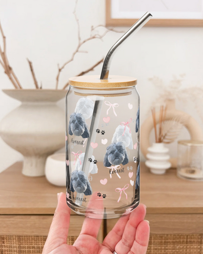 Custom Dog Face Glass Tumbler with Name Bamboo Lid & Straw - Secret Garden
