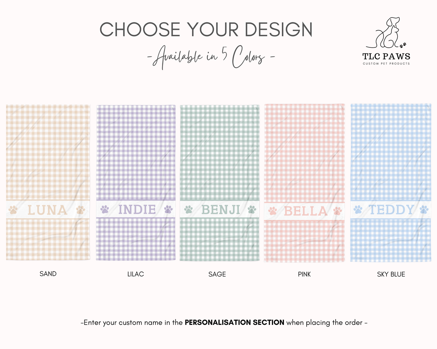 Soft personalised gingham beach towel with custom pet name, highly absorbent beach and pool towel for dog mums and pet lovers in timeless checked pattern.