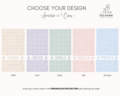 Soft personalised gingham beach towel with custom pet name, highly absorbent beach and pool towel for dog mums and pet lovers in timeless checked pattern.