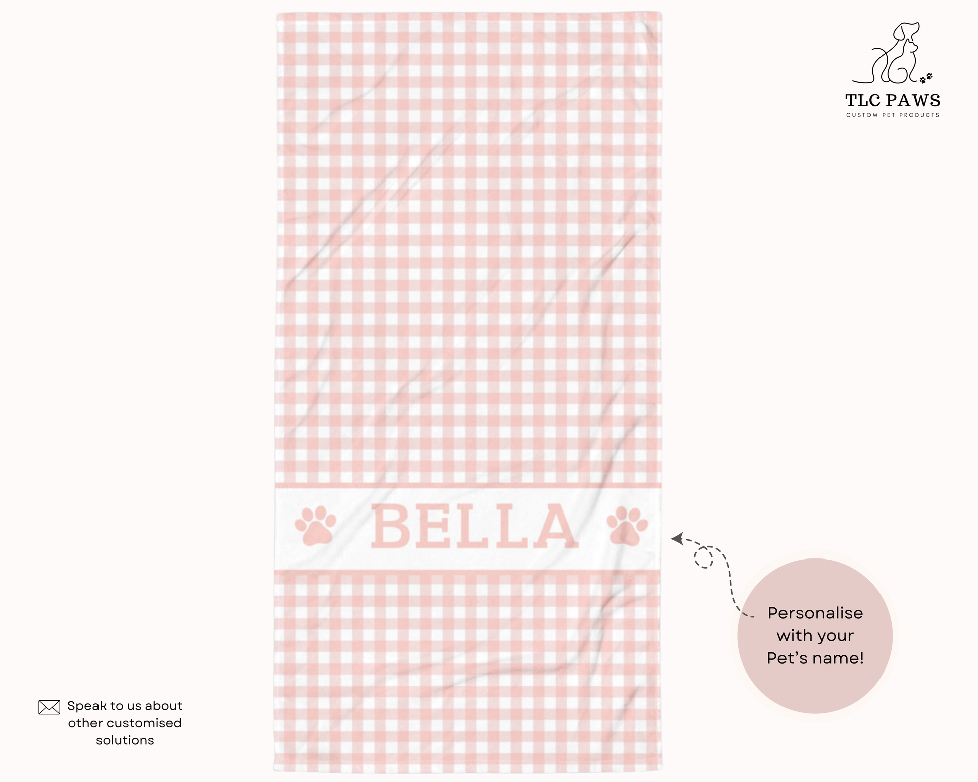 Soft personalised gingham beach towel with custom pet name, highly absorbent beach and pool towel for Mum, Moms, dog mums and pet lovers in timeless checked pattern.
