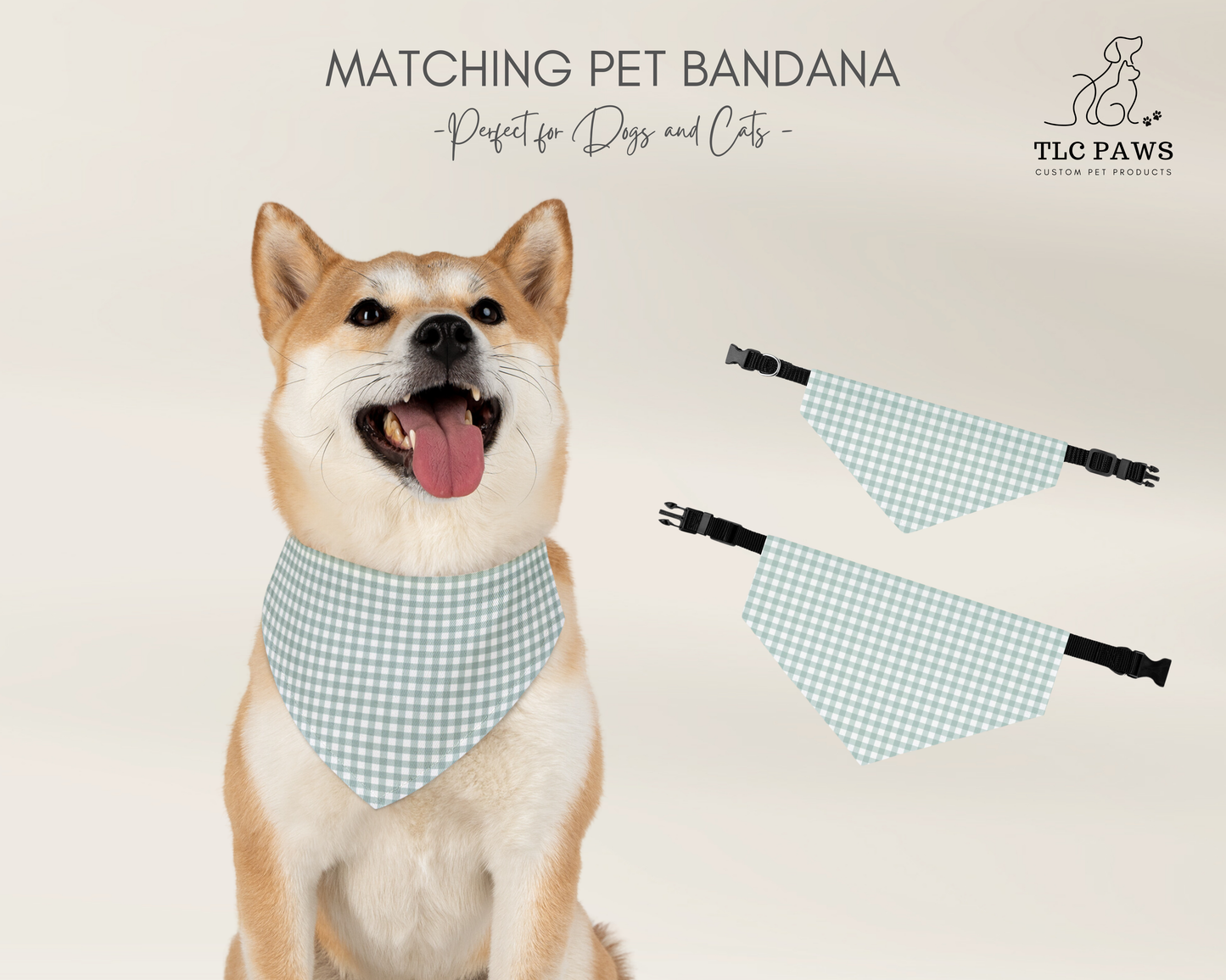 Pet Bandana Over The Collar - Gingham Sage - TLC Paws