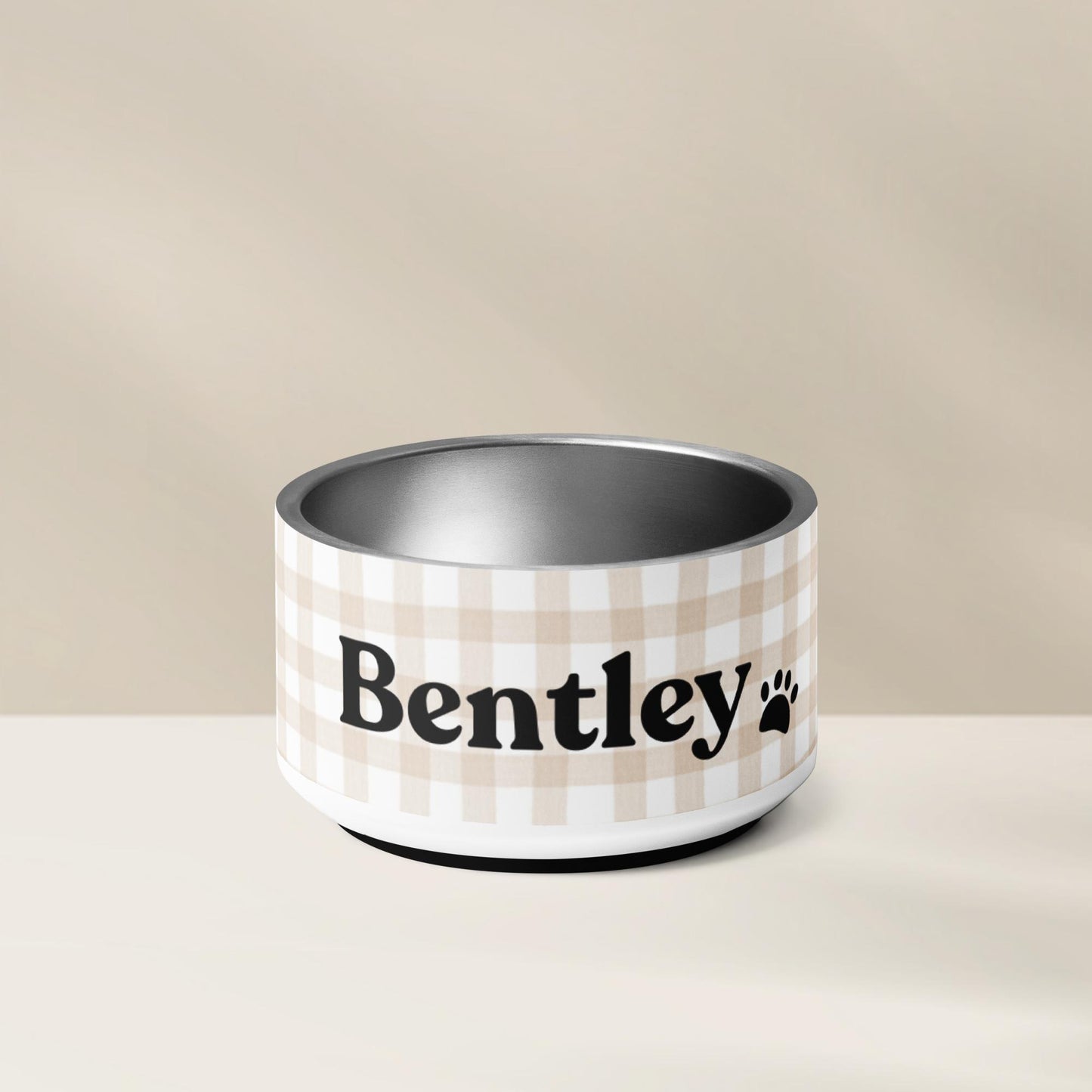 Personalized Dog Bowl and Cat Feeder - Gingham Sand - TLC Paws