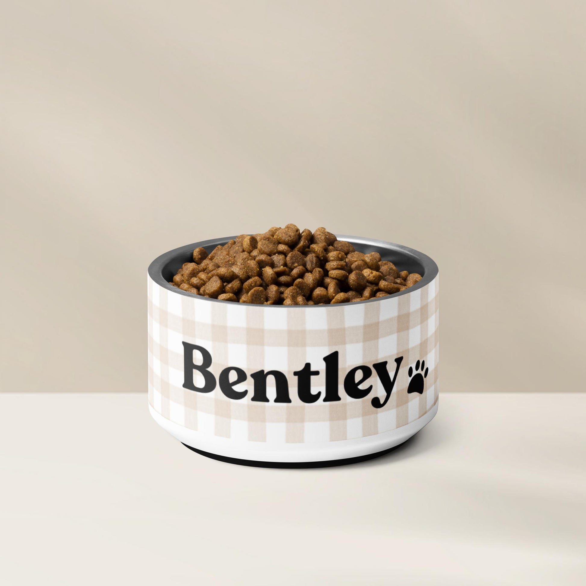 Personalized Dog Bowl and Cat Feeder - Gingham Sand - TLC Paws