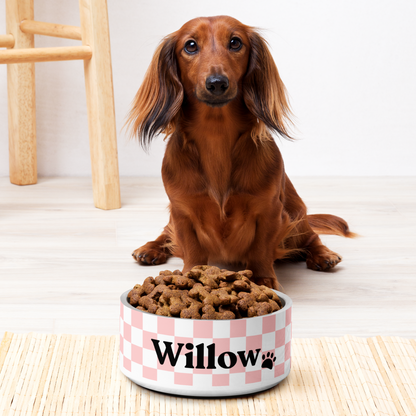 Personalized Pet Dog Bowl and Cat Feeder - Checkered Pink - TLC Paws