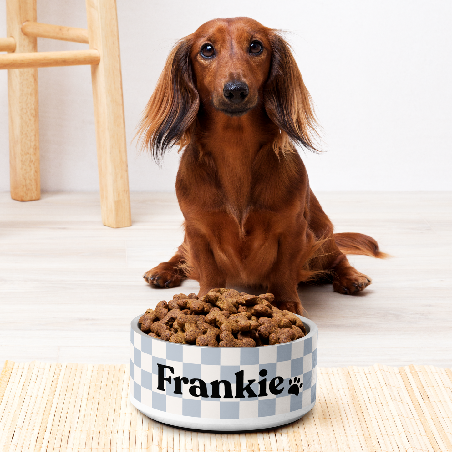 Personalised Pet Dog Bowl and Cat Feeder - Checkered Powder Blue - TLC Paws