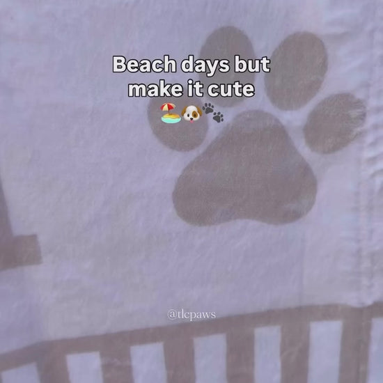 Custom gingham beach towel personalised with pet name, soft highly absorbent beach towel for dog mums, matching pet lover towel perfect for beach days and rainy walkies.