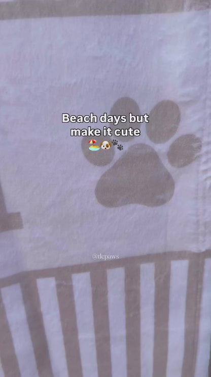 Custom gingham beach towel personalised with pet name, soft highly absorbent beach towel for dog mums, matching pet lover towel perfect for beach days and rainy walkies.