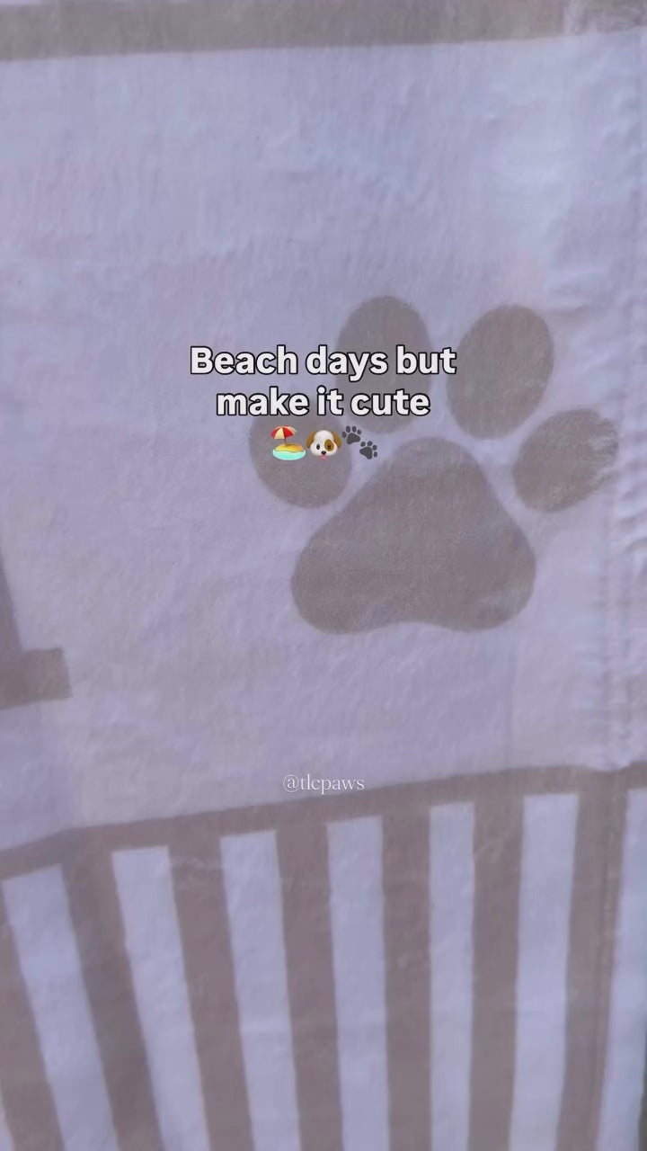 Custom gingham beach towel personalised with pet name, soft highly absorbent beach towel for dog mums, matching pet lover towel perfect for beach days and rainy walkies.