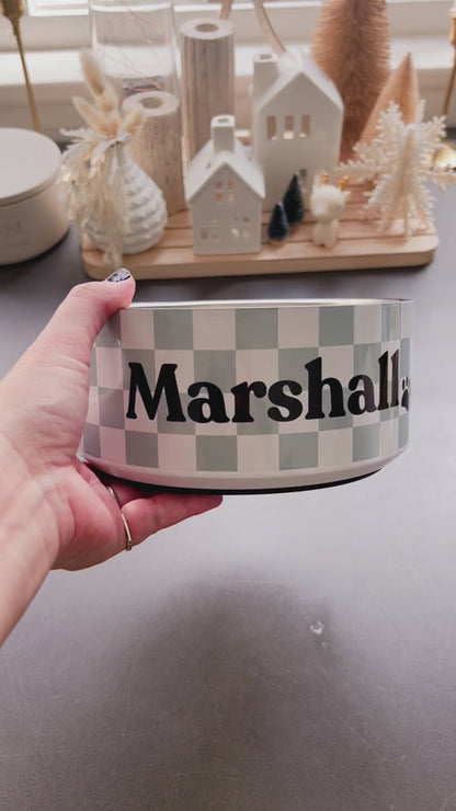 Personalised Dog Bowl - Stainless Steel Food and Water Bowl CHECKERED SAGE