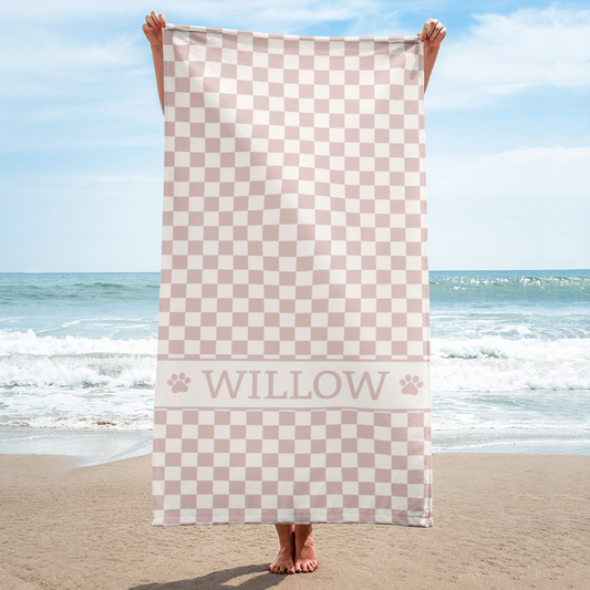 Personalised Beach Towel Checkered Dusty Pink – Custom Soft & Absorbent Towels for You and Your Pets - TLC Paws