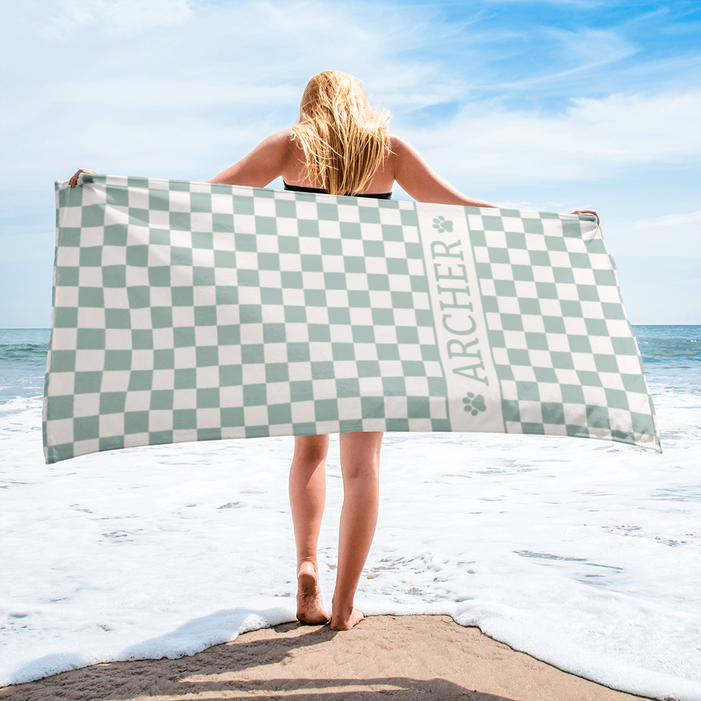 Personalised Beach Towel Checkered Sage – Custom Soft & Absorbent Towels for You and Your Pets