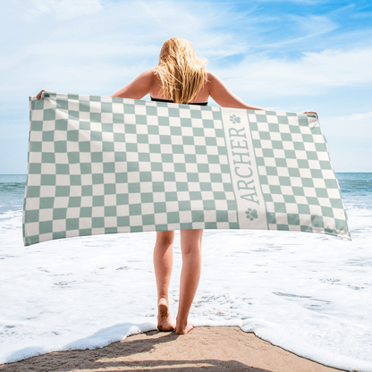 Personalised Beach Towel Checkered Sage – Custom Soft & Absorbent Towels for You and Your Pets - TLC Paws