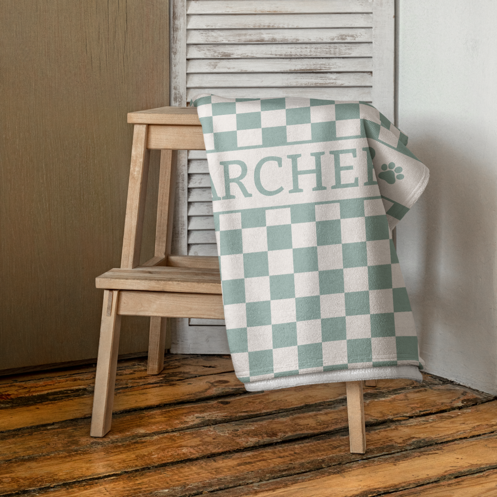 Personalised Beach Towel Checkered Sage – Custom Soft & Absorbent Towels for You and Your Pets